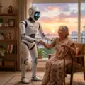 A humanoid robot assistant interacting kindly with a human in a domestic setting, symbolizing 2026 robotics.