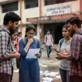 Indian students outside exam center holding admit cards, concerned after NEET UG 2026 cancellation news