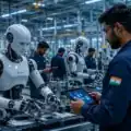 Humanoid AI robots and smart automation systems inside an advanced Indian technology workplace representative image.