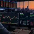 A stock market trader monitoring Sensex and Nifty charts on multiple screens inside a modern trading office during sunset, representing volatility in India’s financial markets Illustration.