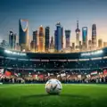 Futuristic football stadium with Middle Eastern and Asian city skylines symbolizing the global shift of football power and investment toward Asia and the Gulf region.