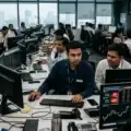Indian stock market traders monitoring volatile Sensex and Nifty movements on multiple trading screens inside a financial dealing room representative image.