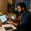 Young Indian professional managing personal finances, budgeting expenses, and tracking savings inside a modern urban apartment at night.