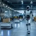 Intelligent autonomous robots operating inside a modern technology-driven industrial environment.