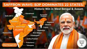 An infographic showing a 3D-effect map of India with 22 states highlighted in bright saffron/orange.