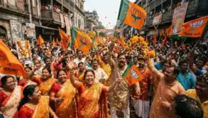 BJP supporters celebrating the historic victory in the West Bengal 2026 Assembly Elections in Kolkata. Representative Image