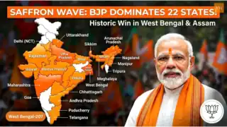 An infographic showing a 3D-effect map of India with 22 states highlighted in bright saffron/orange.