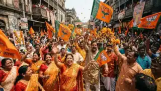 BJP supporters celebrating the historic victory in the West Bengal 2026 Assembly Elections in Kolkata. Representative Image