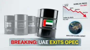 The flags of the UAE and OPEC separated by a symbolic crack, representing the historic exit. Representative Image