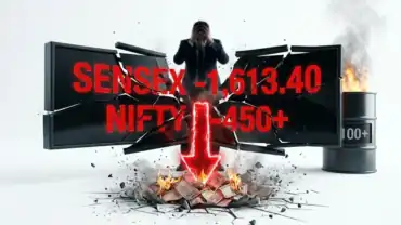 Red arrow pointing downwards on a digital stock market board.
