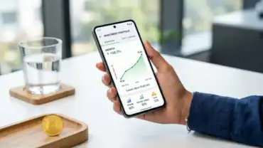 A digital app screen showing a growing investment portfolio with green charts.