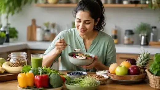 Healthy meal preparation with fresh fruits, vegetables and natural foods representing digestive wellness and gut health.