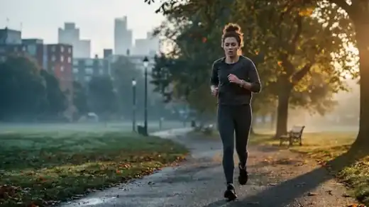 Young professional jogging in an urban park at sunrise while trying to improve fitness and health in modern city life.