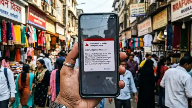 A smartphone showing the Government of India's emergency alert test message.