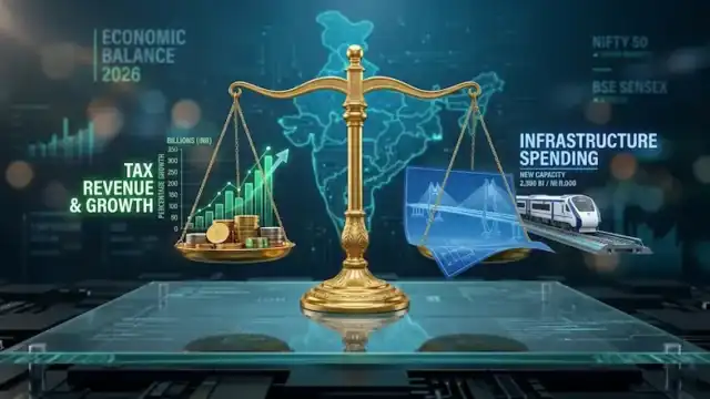 Infographic showing India’s fiscal deficit trajectory toward 2026, comparing capital expenditure outlays with tax revenue growth – Akhand News Financial Report.