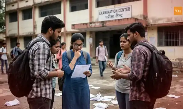 Indian students outside exam center holding admit cards, concerned after NEET UG 2026 cancellation news