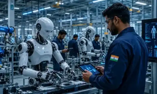 Humanoid AI robots and smart automation systems inside an advanced Indian technology workplace representative image.