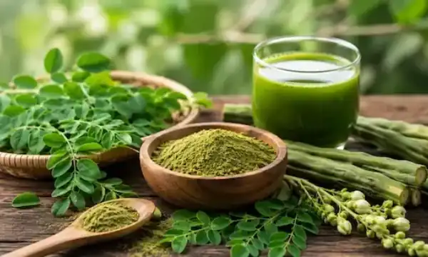 Fresh moringa leaves, moringa powder, and a green herbal drink arranged on a rustic wooden table, highlighting the growing popularity of moringa as a natural Indian superfood.