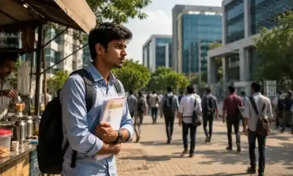 Young engineering graduate holding resumes outside a modern tech park in India, symbolizing the growing employability and fresher job crisis in the technology sector.