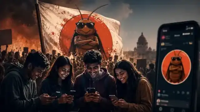 Young Indians using smartphones while a viral satirical political movement spreads through social media, symbolizing Gen-Z digital activism and meme-based political culture in India representative image.