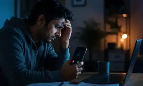Young Indian smartphone user receiving a suspicious cyber fraud call in a dark indoor setting, symbolizing rising digital scams, online banking fraud, and cybercrime threats in India.