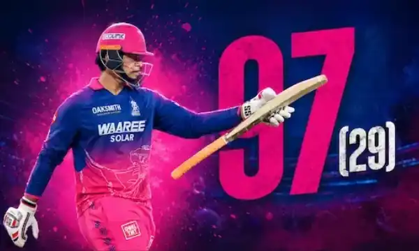 Young Indian IPL batter playing an explosive six-hitting innings during a high-pressure night cricket match in a packed stadium.