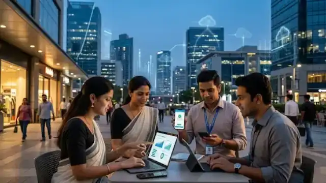 Indian professionals and entrepreneurs using digital technology, online payments, and modern business tools in a rapidly growing digital economy.