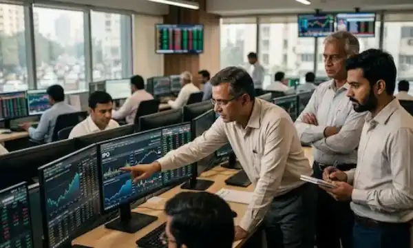 Indian retail investors tracking IPO performance and stock market listings on digital trading platforms.