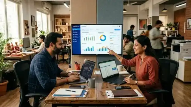 Indian small business owners using AI-powered digital tools and automation to improve productivity and business growth.