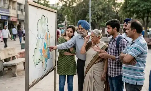 Indian citizens examining a map during a discussion about electoral representation and constituency boundaries in India representative image.