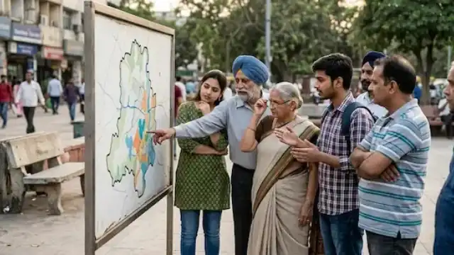 Indian citizens examining a map during a discussion about electoral representation and constituency boundaries in India representative image.