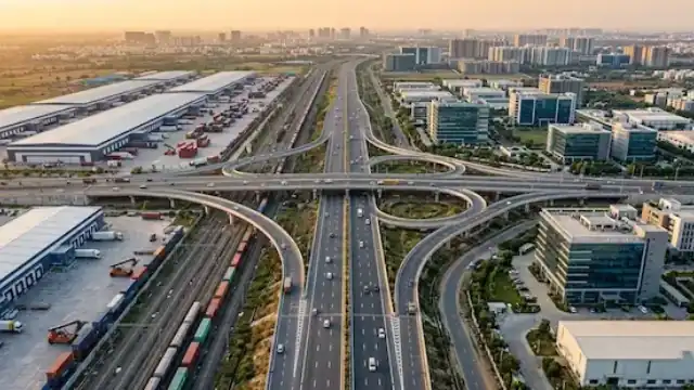 Modern transportation infrastructure including highways, railways and logistics networks supporting economic growth in India representative image.
