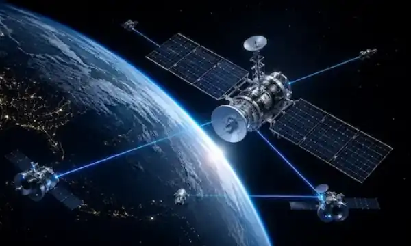 Advanced space communication satellite connecting multiple spacecraft through a next-generation orbital network.