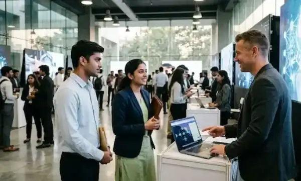 Young Indian graduates attending an AI-focused technology recruitment event in a modern corporate environment.