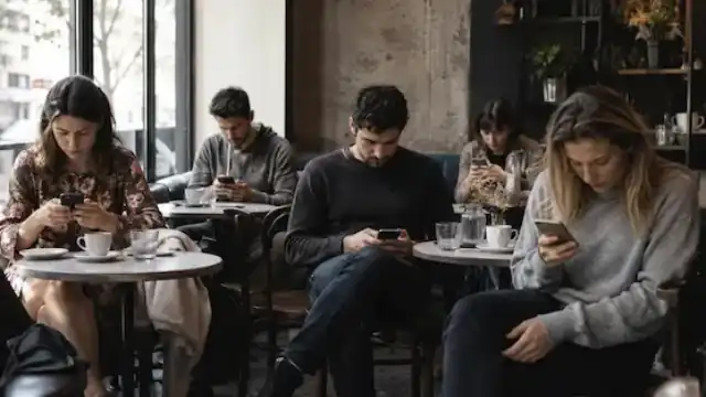People sitting together in a café while individually focused on smartphones instead of real conversation.