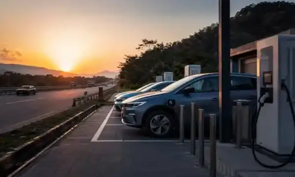 Electric vehicle charging station operating beside a modern expressway in Maharashtra during evening travel hours.