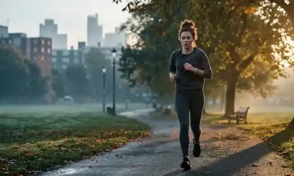 Young professional jogging in an urban park at sunrise while trying to improve fitness and health in modern city life.