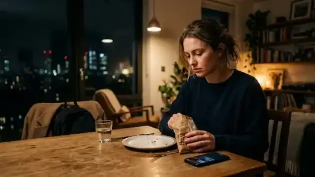 Young office worker feeling hungry late at night despite recently eating dinner in a modern urban apartment representative image.