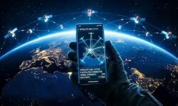 Futuristic smartphone connected to low-Earth orbit communication satellites symbolizing next-generation satellite mobile networks. Image Representative