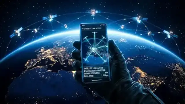 Futuristic smartphone connected to low-Earth orbit communication satellites symbolizing next-generation satellite mobile networks. Image Representative
