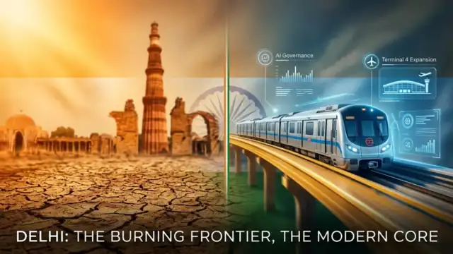 A dual-tone artistic image split down the center: the left side showing Delhi Gate under a blazing sun with a 43°C warning, and the right side showing a modern elevated Delhi Metro train with icons for IGI Terminal 4 and Metro Phase 4, symbolizing the cap