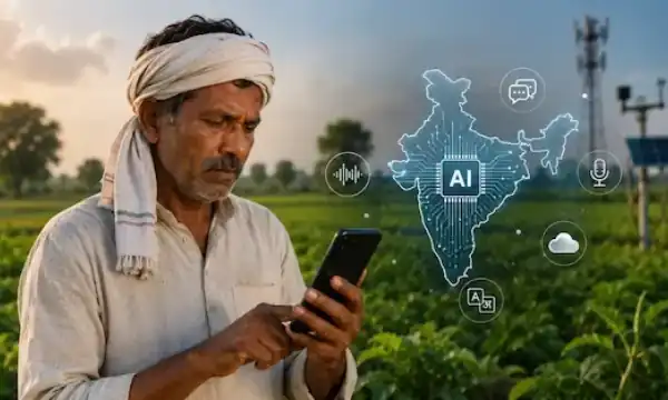 India AI Mission showing a rural farmer using a Marathi AI voice assistant alongside India’s regional language artificial intelligence and digital technology infrastructure