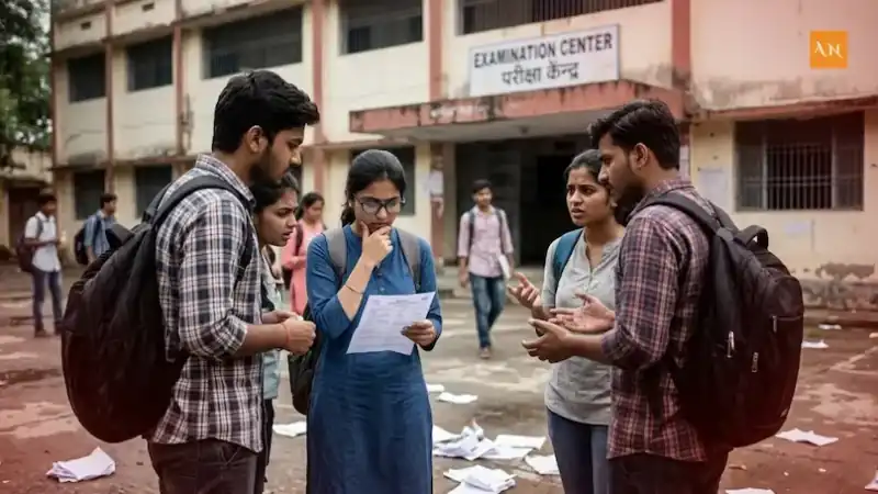 Indian students outside exam center holding admit cards, concerned after NEET UG 2026 cancellation news