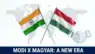 Prime Minister Narendra Modi and a graphic of the Hungary flag with Péter Magyar.