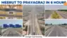A premium 5-image collage on Akhand News showcasing the Ganga Expressway inauguration on April 29, 2026. Includes PM Modi on stage, the route map from Meerut to Prayagraj, IAF fighter jet on the emergency airstrip in Shahjahanpur. Image Source: X/@myogiad