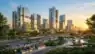 A futuristic 3D model of a smart city in India with solar panels, green buildings, and high-speed transit systems. Representive Image