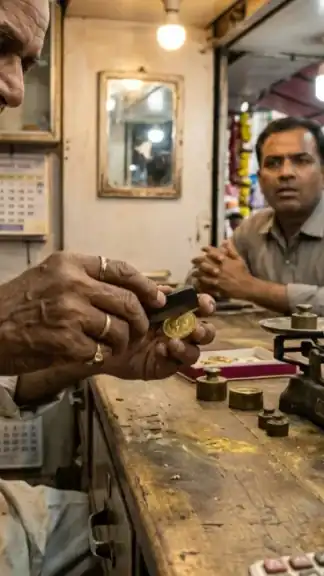 Candid smartphone photo of a jeweler testing a gold coin inside a traditional Indian shop.