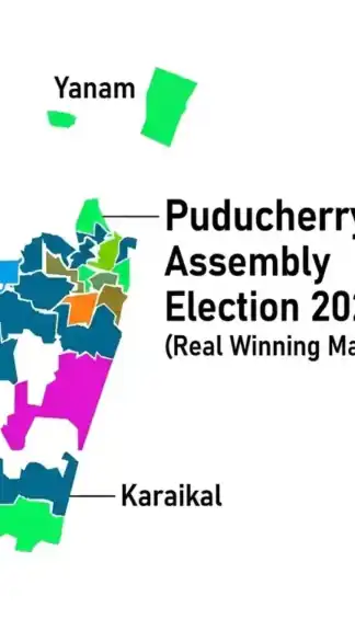 Puducherry Assembly Election 2026 Map Infographic showing constituency-wise results and party seat tally.