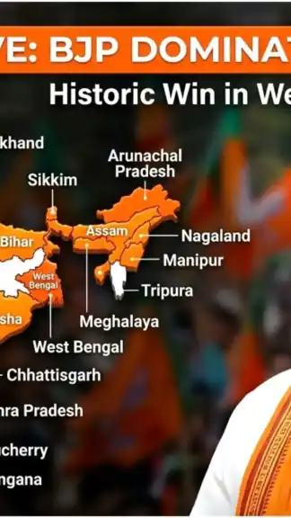 An infographic showing a 3D-effect map of India with 22 states highlighted in bright saffron/orange.