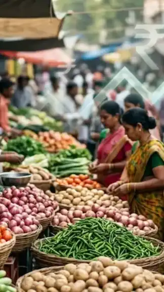 Indian economy inflation concept with vegetables and shopper in local market